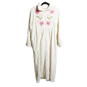 Vintage National Chenille Robe Womens M White Sleepwear Flowers Cotton Blend Zip